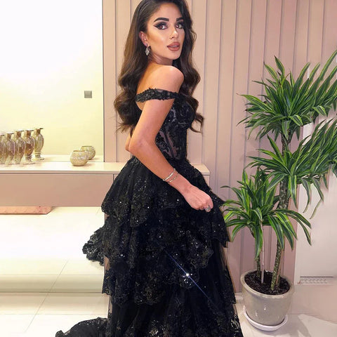 Robe de soirée noire style arabe, fendue, bretelles spaghetti, coupe trapèze, en dentelle et perles, pour femme, tenue de mariage, LA72586 