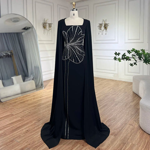 Arabic Black Mermaid Elegant Cape Sleeves Beaded Satin Luxury Dubai Evening Dresses Gowns For Women Party LA72461