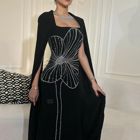 Arabic Black Mermaid Elegant Cape Sleeves Beaded Satin Luxury Dubai Evening Dresses Gowns For Women Party LA72461
