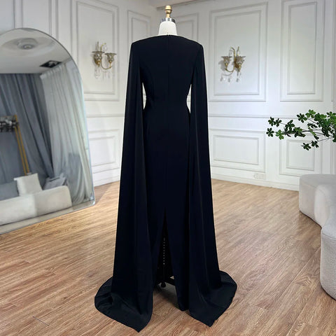 Arabic Black Mermaid Elegant Cape Sleeves Beaded Satin Luxury Dubai Evening Dresses Gowns For Women Party LA72461