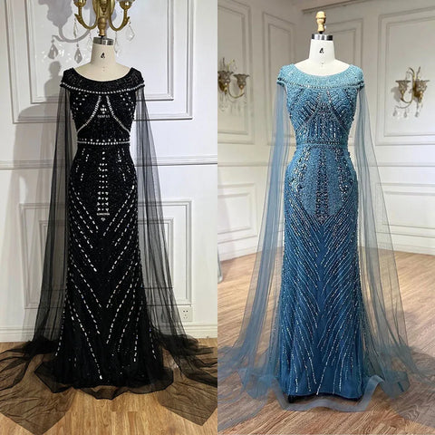 Arabic Black Mermaid Gown with Cape Sleeves and Beaded Luxury | Evening Dresses for Women Wedding Party 2025 LA72423