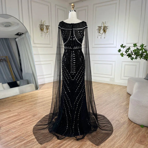 Arabic Black Mermaid Gown with Cape Sleeves and Beaded Luxury | Evening Dresses for Women Wedding Party 2025 LA72423