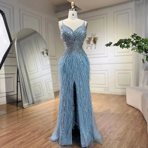 Robe de soirée sirène noire à bretelles spaghetti, fendue, plumes et perles, pour femme, tenue de mariage, 2025, LA70623 