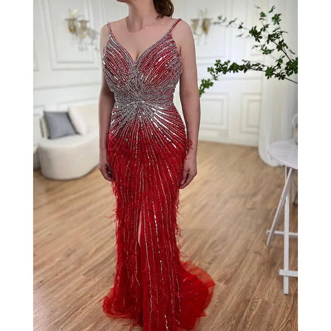 Robe de soirée sirène noire à bretelles spaghetti, fendue, plumes et perles, pour femme, tenue de mariage, 2025, LA70623 