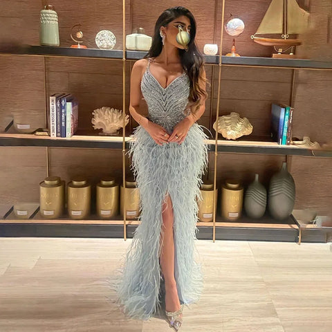 Robe de soirée sirène noire à bretelles spaghetti, fendue, plumes et perles, pour femme, tenue de mariage, 2025, LA70623 