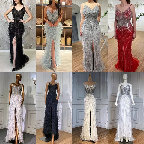 Robe de soirée sirène noire à bretelles spaghetti, fendue, plumes et perles, pour femme, tenue de mariage, 2025, LA70623 