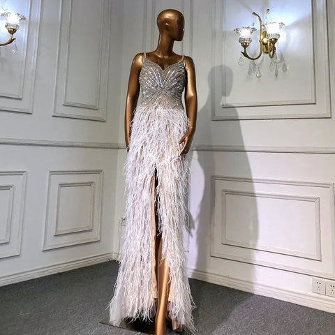 Robe de soirée sirène noire à bretelles spaghetti, fendue, plumes et perles, pour femme, tenue de mariage, 2025, LA70623 