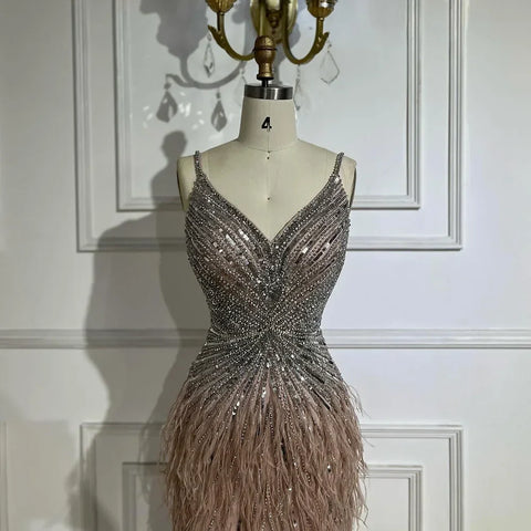 Robe de soirée sirène noire à bretelles spaghetti, fendue, plumes et perles, pour femme, tenue de mariage, 2025, LA70623 