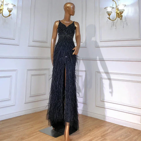 Robe de soirée sirène noire à bretelles spaghetti, fendue, plumes et perles, pour femme, tenue de mariage, 2025, LA70623 