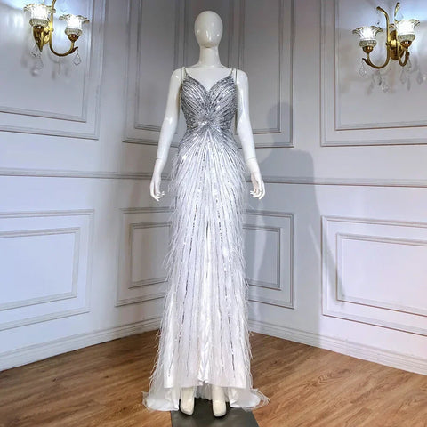 Robe de soirée sirène noire à bretelles spaghetti, fendue, plumes et perles, pour femme, tenue de mariage, 2025, LA70623 