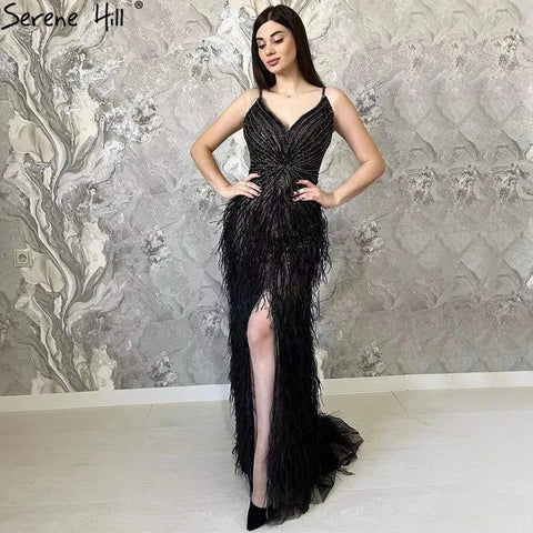 Robe de soirée sirène noire à bretelles spaghetti, fendue, plumes et perles, pour femme, tenue de mariage, 2025, LA70623 