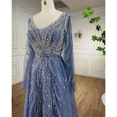 Arabic Blue A Line Beaded Evening Dresses Long 2025 Celebrity Gowns For Women Wedding Party LA72099