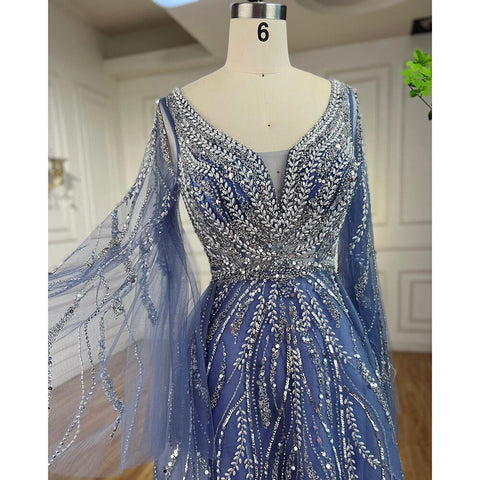 Arabic Blue A Line Beaded Evening Dresses Long 2025 Celebrity Gowns For Women Wedding Party LA72099