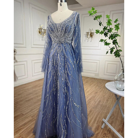 Arabic Blue A Line Beaded Evening Dresses Long 2025 Celebrity Gowns For Women Wedding Party LA72099