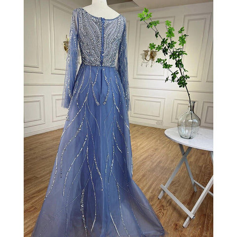 Arabic Blue A Line Beaded Evening Dresses Long 2025 Celebrity Gowns For Women Wedding Party LA72099