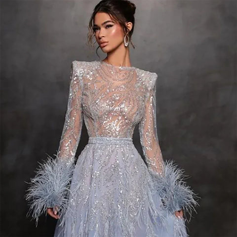 Arabic Blue A Line  Beaded Feathers Luxury Dubai Long Evening Dresses Gowns For Women Wedding Party 2025 LA71993