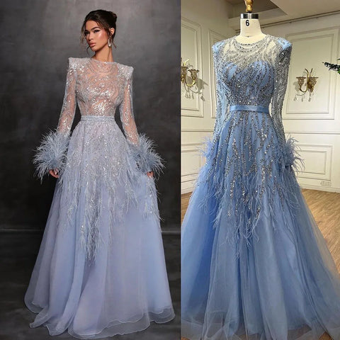Arabic Blue A Line  Beaded Feathers Luxury Dubai Long Evening Dresses Gowns For Women Wedding Party 2025 LA71993