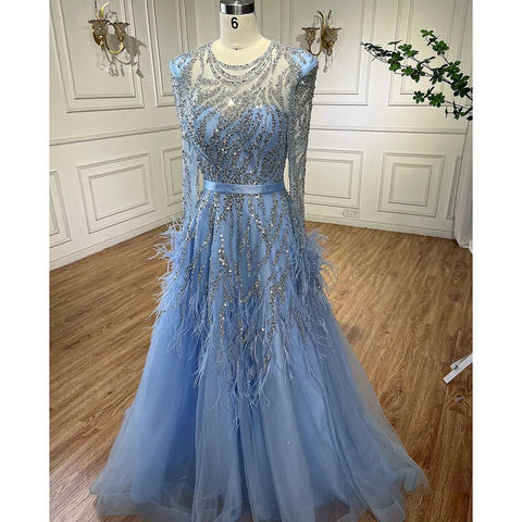 Arabic Blue A Line  Beaded Feathers Luxury Dubai Long Evening Dresses Gowns For Women Wedding Party 2025 LA71993