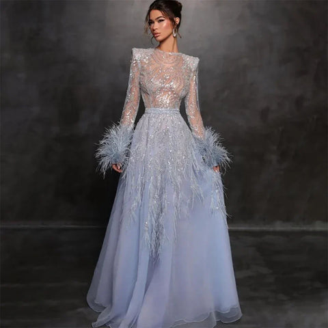 Arabic Blue A Line  Beaded Feathers Luxury Dubai Long Evening Dresses Gowns For Women Wedding Party 2025 LA71993