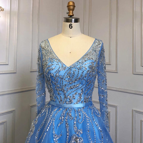 Arabic Blue A-Line Evening Dresses Gowns Luxury Beaded Long Sleeves 2025 For Woman Party LA71596