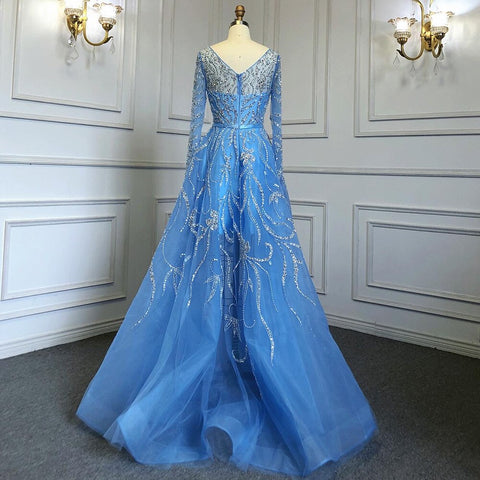 Arabic Blue A-Line Evening Dresses Gowns Luxury Beaded Long Sleeves 2025 For Woman Party LA71596