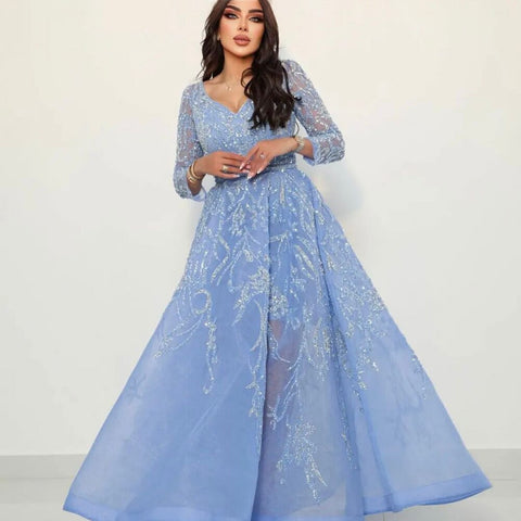 Arabic Blue A-Line Evening Dresses Gowns Luxury Beaded Long Sleeves 2025 For Woman Party LA71596
