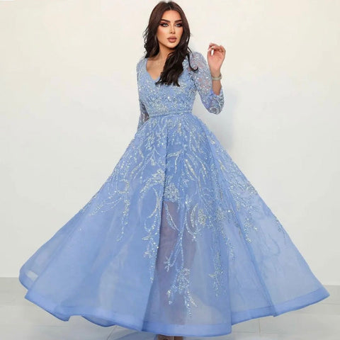 Arabic Blue A-Line Evening Dresses Gowns Luxury Beaded Long Sleeves 2025 For Woman Party LA71596