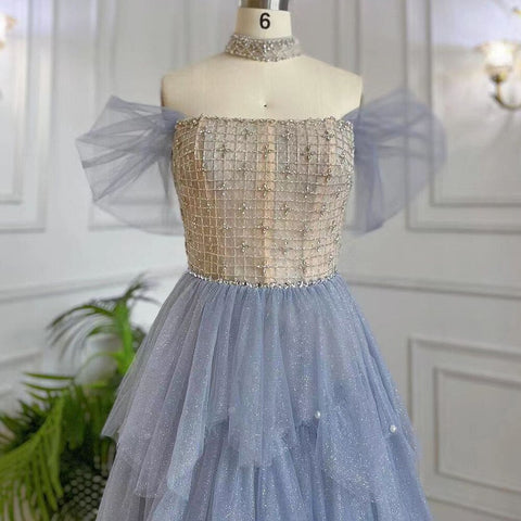 Arabic Blue A-Line Sexy Boat Neck Beaded Lace Up Luxury Dubai Evening Dresses Gowns 2025 For Women Party LA71898