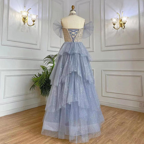 Arabic Blue A-Line Sexy Boat Neck Beaded Lace Up Luxury Dubai Evening Dresses Gowns 2025 For Women Party LA71898