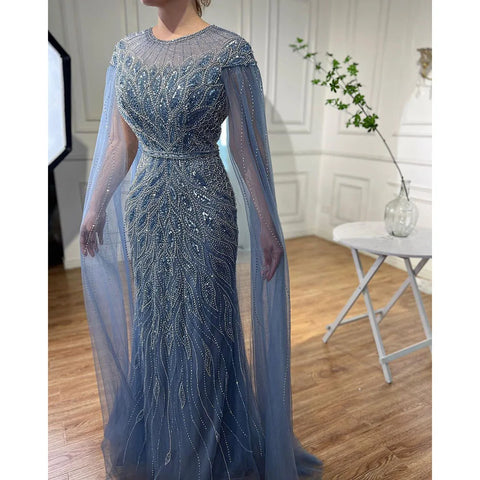 Luxury Arabic Blue Mermaid Evening Dress with Cape Sleeves LA71999