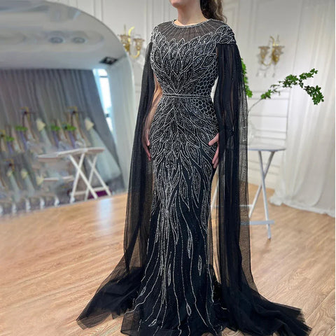 Luxury Arabic Blue Mermaid Evening Dress with Cape Sleeves LA71999