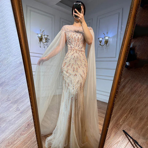 Luxury Arabic Blue Mermaid Evening Dress with Cape Sleeves LA71999