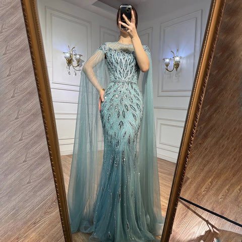 Luxury Arabic Blue Mermaid Evening Dress with Cape Sleeves LA71999