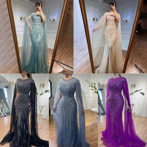 Luxury Arabic Blue Mermaid Evening Dress with Cape Sleeves LA71999