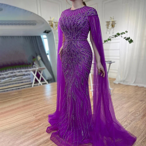 Luxury Arabic Blue Mermaid Evening Dress with Cape Sleeves LA71999