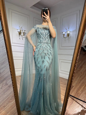 Luxury Arabic Blue Mermaid Evening Dress with Cape Sleeves LA71999