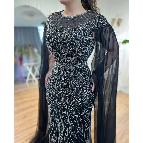 Luxury Arabic Blue Mermaid Evening Dress with Cape Sleeves LA71999