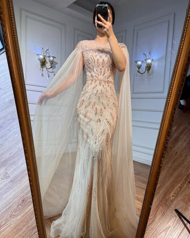 Luxury Arabic Blue Mermaid Evening Dress with Cape Sleeves LA71999