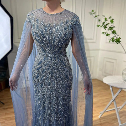 Luxury Arabic Blue Mermaid Evening Dress with Cape Sleeves LA71999