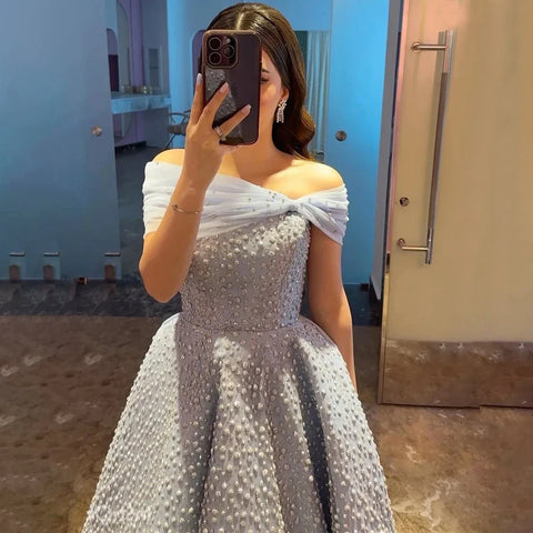 Arabic Blue Elegant A Line Floor Length Luxury Evening Dresses Gowns Beaded For Women Wedding Party 2025 LA72208