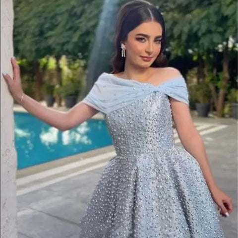 Arabic Blue Elegant A Line Floor Length Luxury Evening Dresses Gowns Beaded For Women Wedding Party 2025 LA72208