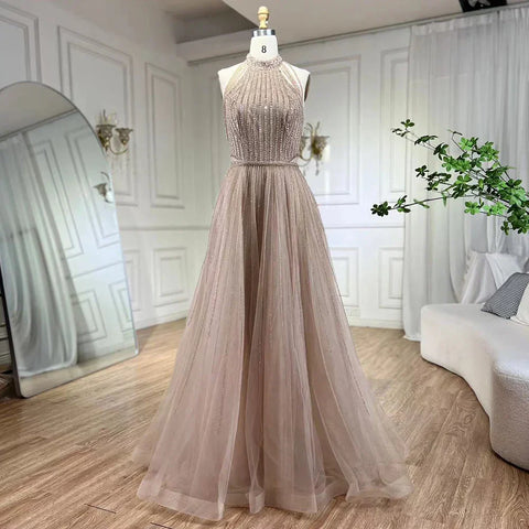 Robe de soirée élégante de style arabe bleu, coupe trapèze, luxueuse, à paillettes, perles et pompons, col licou, 2025 LA72227 