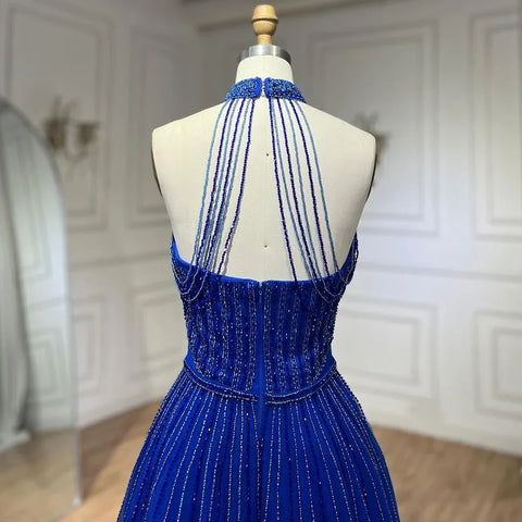 Robe de soirée élégante de style arabe bleu, coupe trapèze, luxueuse, à paillettes, perles et pompons, col licou, 2025 LA72227 