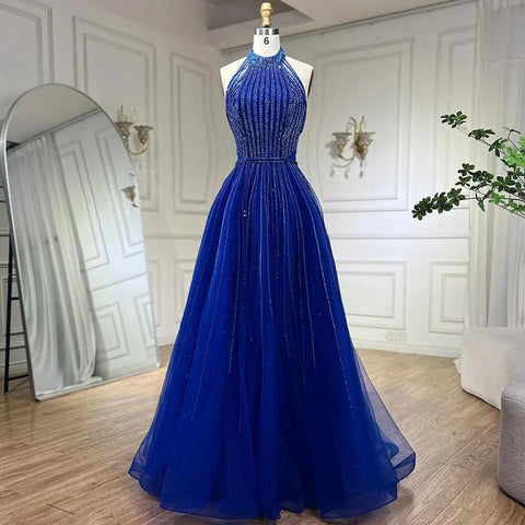 Robe de soirée élégante de style arabe bleu, coupe trapèze, luxueuse, à paillettes, perles et pompons, col licou, 2025 LA72227 