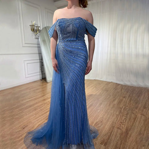 Arabic Blue Elegant Mermaid Sexy High Split Beaded Luxury Evening Dresses Gowns 2025 For Women Wedding Party LA71934