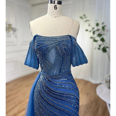 Arabic Blue Elegant Mermaid Sexy High Split Beaded Luxury Evening Dresses Gowns 2025 For Women Wedding Party LA71934