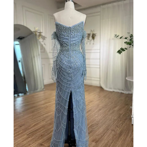 Light Blue Pearls Luxury Dubai Evening Dresses Elegant Strapless LA71950A