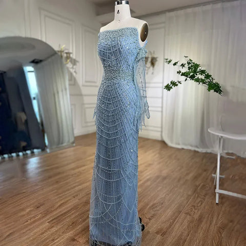Light Blue Pearls Luxury Dubai Evening Dresses Elegant Strapless LA71950A