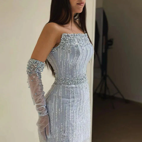 Light Blue Pearls Luxury Dubai Evening Dresses Elegant Strapless LA71950A