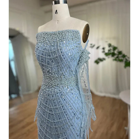 Light Blue Pearls Luxury Dubai Evening Dresses Elegant Strapless LA71950A